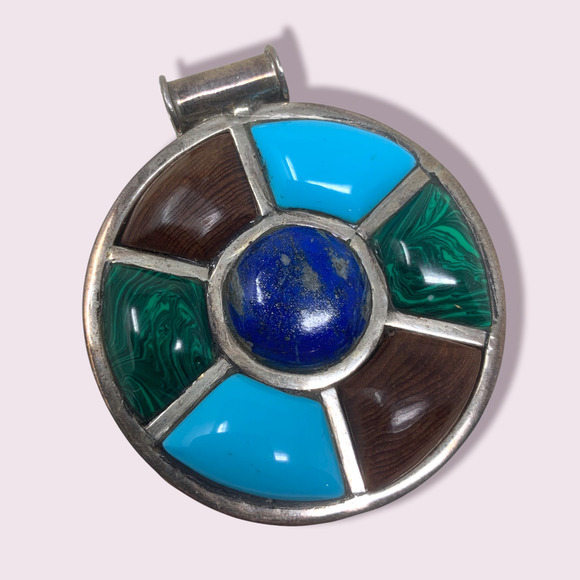 Vintage Modernist Sterling Silver Malachite Lapis Howlite Wood Circle Pendant - Picture 1 of 4